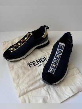 Fendi Navy and Black Slip-On Sneakers with Gold & Silver Studs